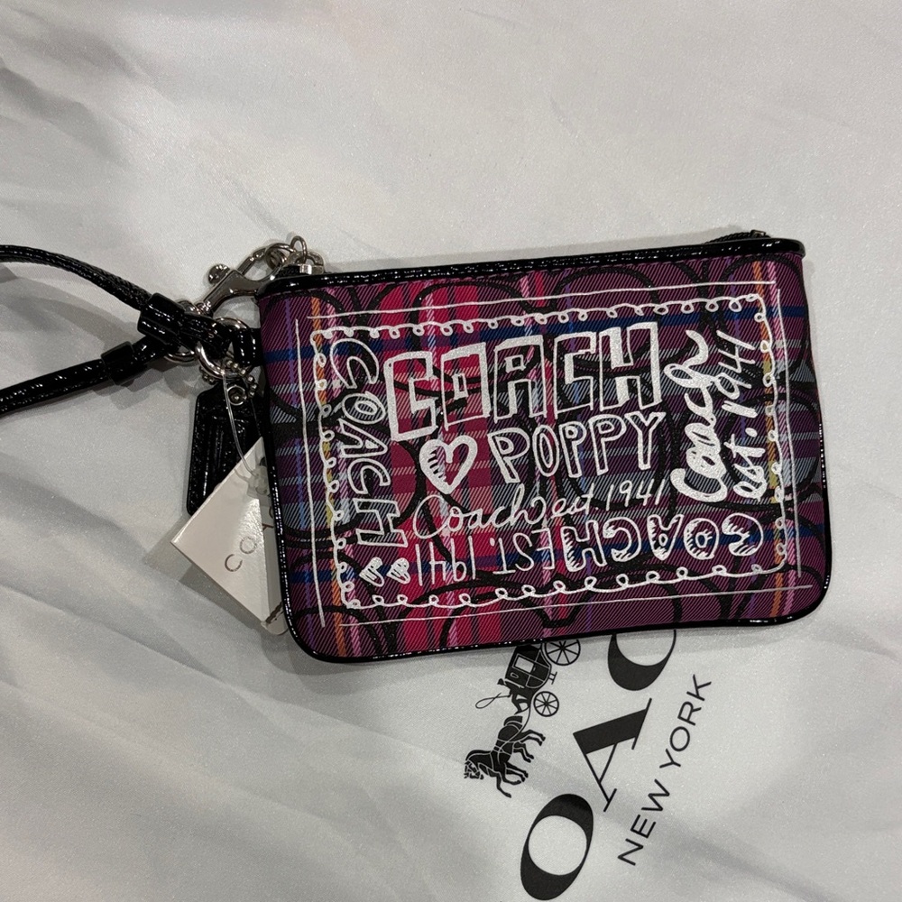 Coach Poppy Plaid Printed Wristlet in Pink and Purple